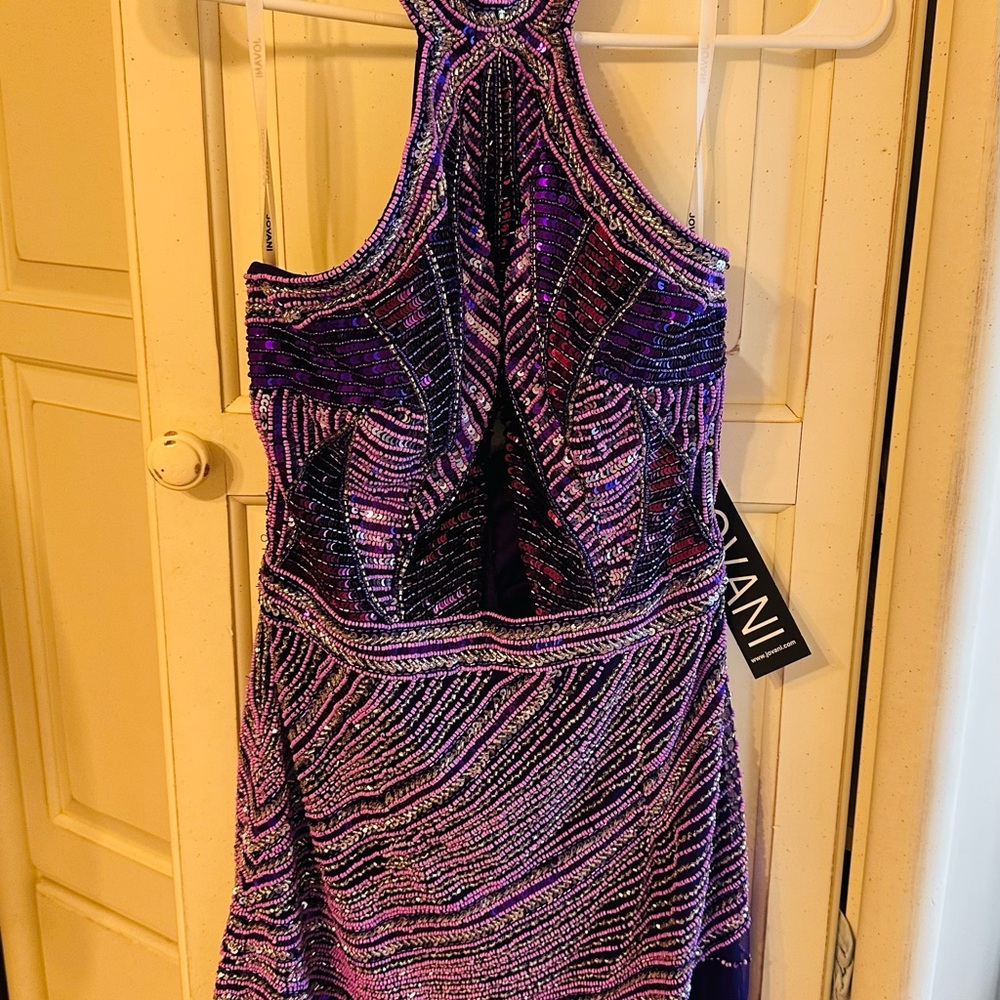 Jovani Purple and Black Beaded Halter Mini Dress